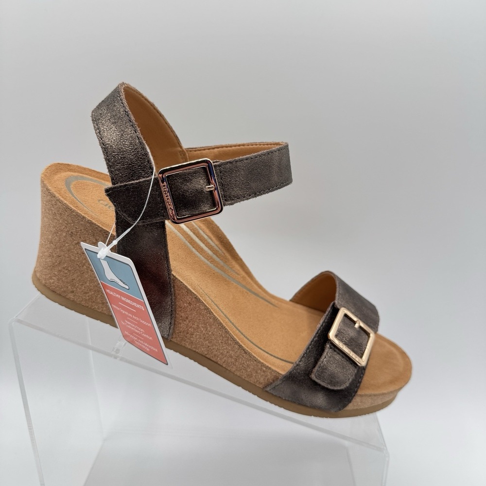 Aetrex Lexa Bronze Leather Wedge Sandals Women 10 Strappy Hook Loop CK101W